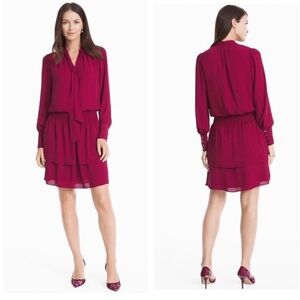 White House Black Market Burgundy mini Long Sleeve Tie Neck Blouson Dress size M